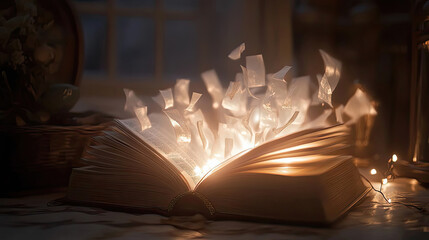 An Open Book with Glowing Pages and a String of Lights