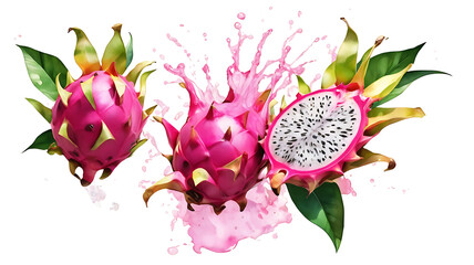 Dragon fruit , Watercolor of dragon fruits on transparent background , PNG