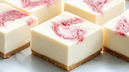A close-up of creamy cheesecake squares with a swirl of red topping, set on a white plate, showcasing a delicious dessert option.