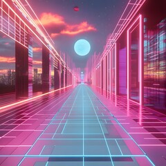 A retro-futuristic background with neon lights, grids, and vaporwave-inspired gradients in bright pink, blue, and purple hues. Create a nostalgic yet energetic vibe. Created using generative AI.