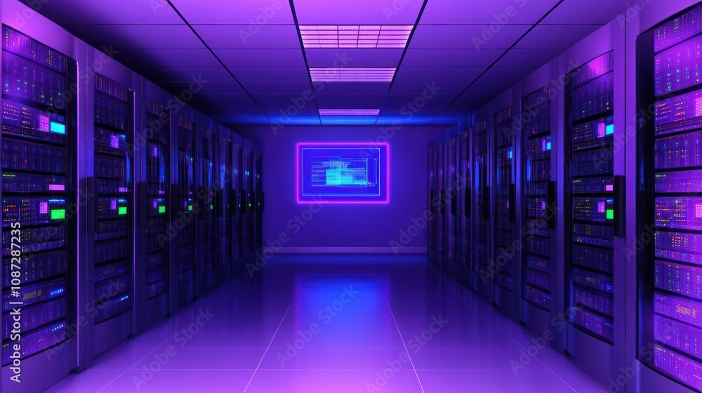 Poster a modern server room illuminated in purple light, showcasing rows of data servers.
