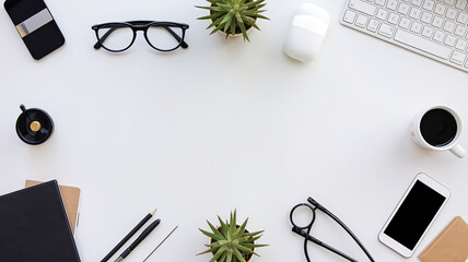 simple flat lay of office desk essentials with plants and coffee