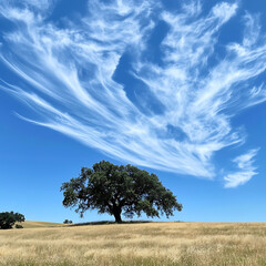 Obraz premium Serene Landscape with an Isolated Tree Under a Bright Blue Sky and Artistic Clouds in a Golden Field of Grass on a Sunny Day