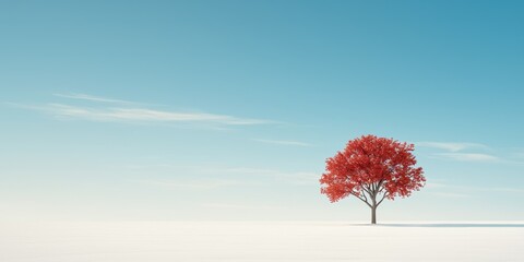 A solitary red tree stands against a clear blue sky in a tranquil landscape.
