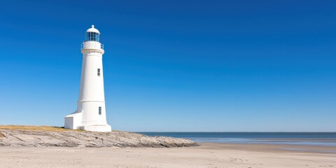 A solitary lighthouse standing tall against a clear blue sky by the serene beach.