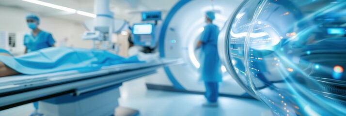 A modern hospital setting featuring an advanced MRI scanner, patient on the table, and healthcare professionals preparing for imaging.