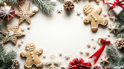 Fototapeta premium Festive christmas gingerbread cookies and decorations on snowy background