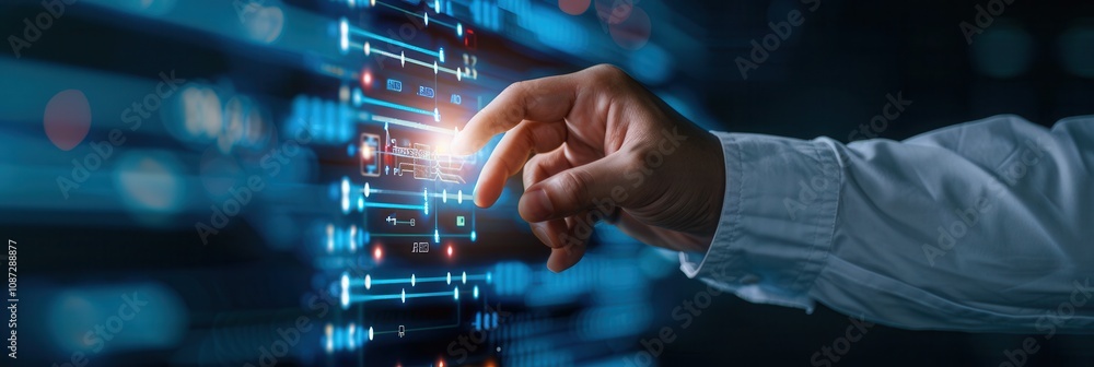 Poster a hand pointing at a glowing futuristic digital interface with blue data visuals and technological c