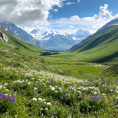 Scenic Mountain Landscape with Vibrant Wildflowers in a Lush Green Valley Under a Bright Blue Sky and Majestic Snow-Capped Peaks in the Distance