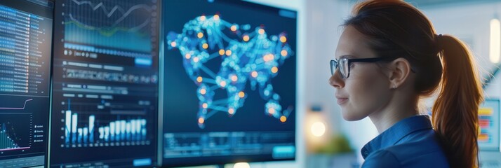 A focused data analyst reviewing global network connections and analytics displayed on large digital screens in a modern office setting.