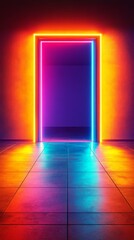 An artistic portrayal depicting a glowing neon doorway that showcases a multitude of vibrant colors and intricate patterns to evoke a strong sense of advanced technology paired with modern innovation