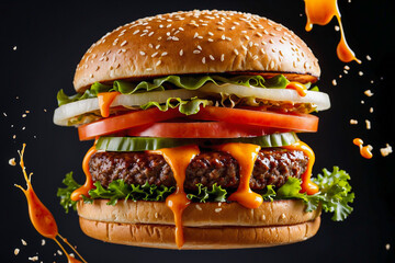 close-up of a classic hamburger featuring a sesame seed bun, layers of crisp lettuce, tomato slices, and onion rings, with a juicy beef patty. The burger is shown mid-air against a dark background