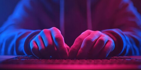 Close-up of hands on keyboard, illuminated by vibrant blue and pink lights.