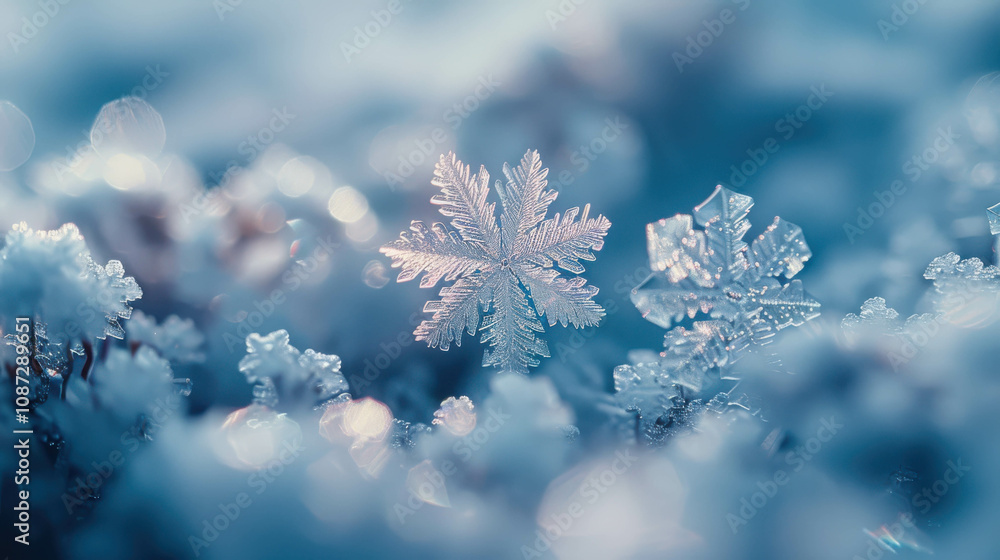 Poster a close up of snowflakes on a blue background. the snowflakes are small and scattered, creating a se