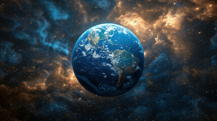 A blue and white planet with a bright star in the sky. The planet is surrounded by a cloud of stars...