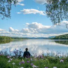 Obraz premium Tranquil Reflection by a Serene Lake Surrounded by Vibrant Wildflowers and Lush Greenery Beneath a Bright Blue Sky with Fluffy White Clouds