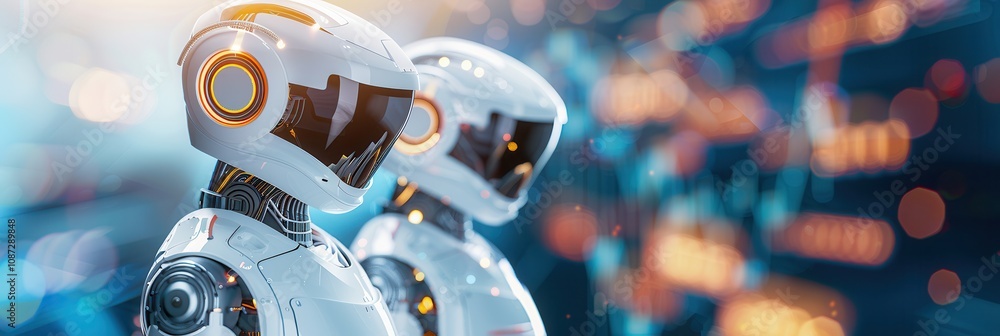 Poster two advanced humanoid robots with glowing helmets and futuristic designs, standing in a high-tech en