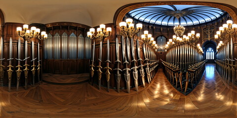 Obraz premium Full 360 degrees seamless spherical panorama HDRI equirectangular projection of An armory of ancient weapons. Environment map for lighting and reflection source rendering 3d scenes.