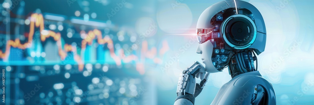 Aufkleber a sophisticated ai robot in a thoughtful pose, reviewing financial charts and data trends, symbolizi