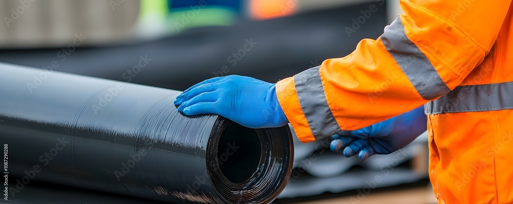 Poster expert pipe relining technique - close-up of craftsman handling resin-saturated liner in professiona