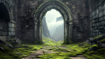 Obraz premium Surreal archway digital art moss wall ancient ruins background fantasy landscape. Ancient Ruins Fantasy. Illustration