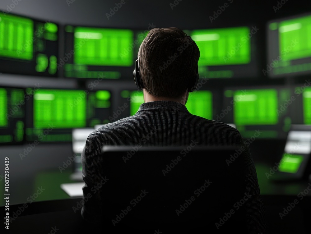 Poster financial advisor analyzing data high-tech office digital workspace sleek environment rear view stra