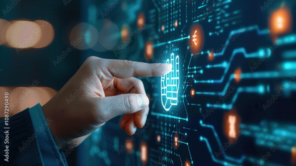Poster close-up of a hand pointing at a glowing biometrics and financial interface with circuits, currency 