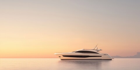 Luxury yacht floating on calm waters during serene sunset with colorful sky.