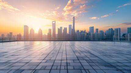 Empty square floor with city skyline background, City skyline with a touch of retro-futurism, nostalgic yet futuristic urban landscape