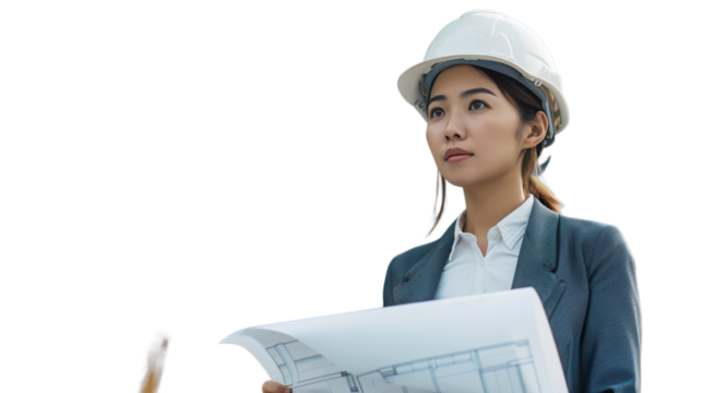 Confident Female Engineer Reviewing Architectural Plans Transparent Background Helmet Portrait