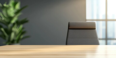 Modern office workspace featuring a sleek chair and wooden table in natural lighting.