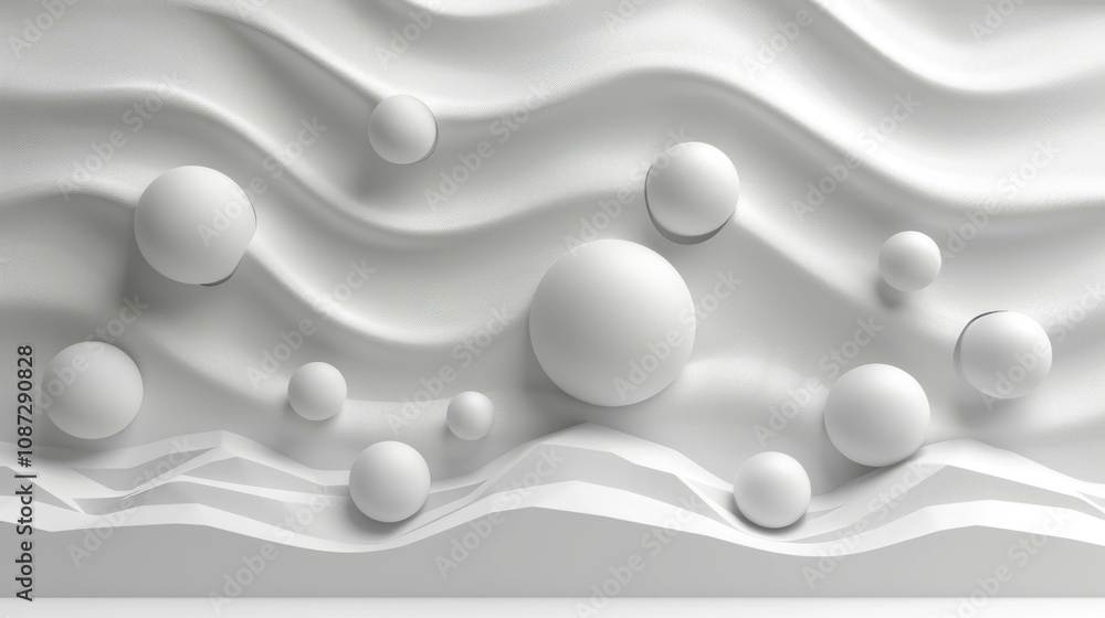 Poster a white background with a series of white spheres arranged in a wave-like pattern. the spheres are o