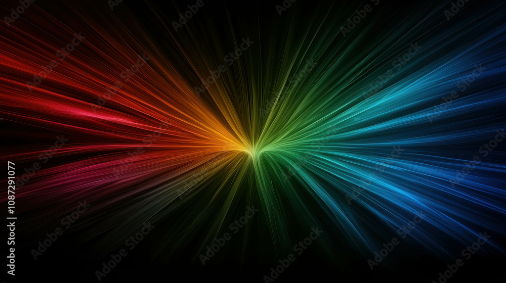 Poster vibrant spectrum of colors radiating from the center on a dark background, representing energy, ligh