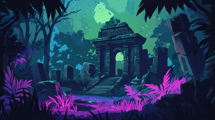 Obraz premium In a fantasy tropical forest, an ancient temple lies amidst ruins in the dark jungle. Ancient Ruins Fantasy. Illustration
