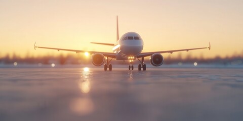 Sunset view of an airplane on an airport runway, ready for departure.