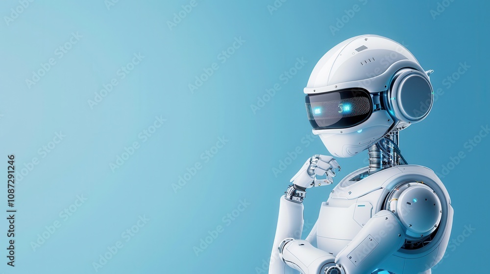 Poster a futuristic white robot with glowing blue eyes and advanced mechanical design in a thoughtful pose 