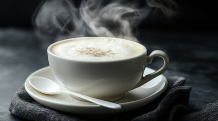 Obraz premium steaming cup of coffee on saucer with spoon, inviting warmth