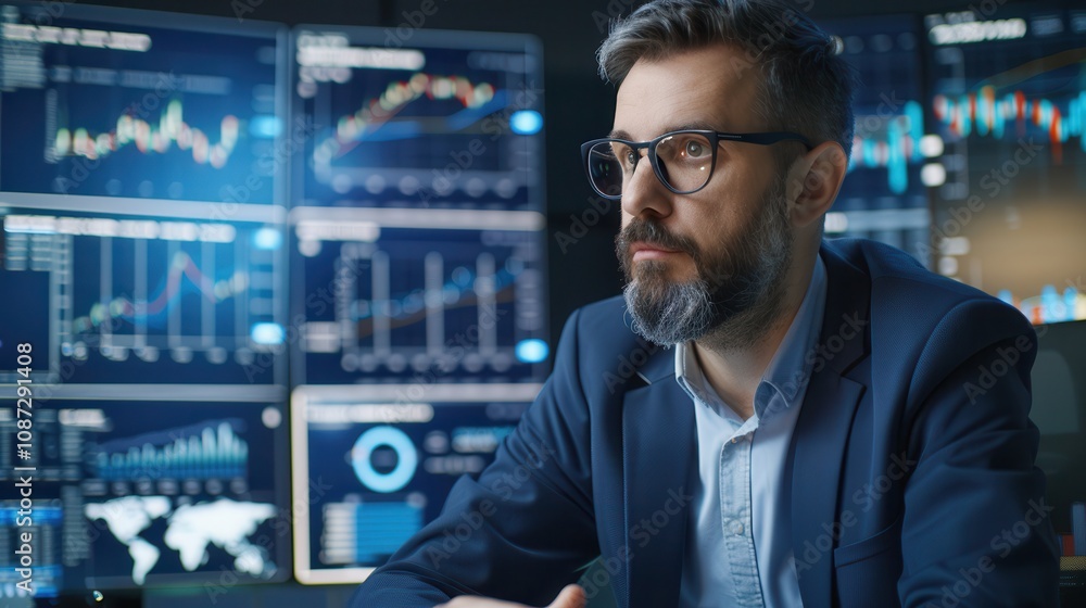 Poster a businessman wearing glasses and a suit deeply focused on analyzing financial charts and data displ