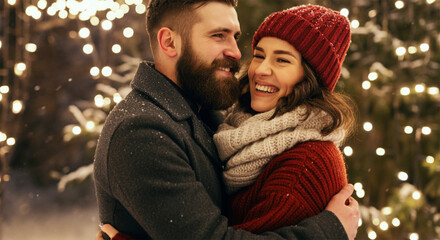 Beautiful Man & Woman Couple in Love, Embracing & Hugging in a Cold Winter Scene with Glowing Bokeh Lights
