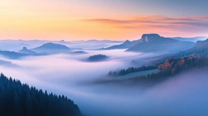 Fototapeta premium A tranquil dawn unfolds with fog blanketing hills and forests, creating a peaceful atmosphere in nature's embrace. Generative AI