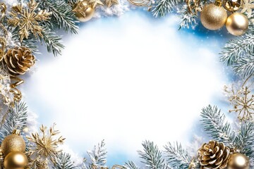 Festive golden christmas frame with snowy pine branches and ornaments
