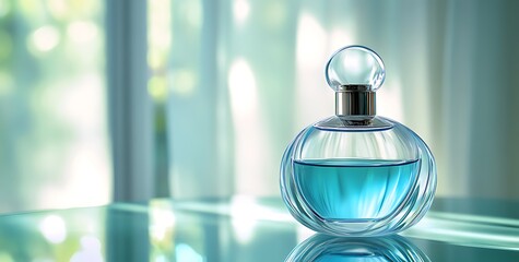 Elegant blue perfume bottle with liquid glass texture on a simple table, featuring a soft gradient of light green, sky-blue, light gray, and dark aquamarine hues, ideal for product design and luxury 