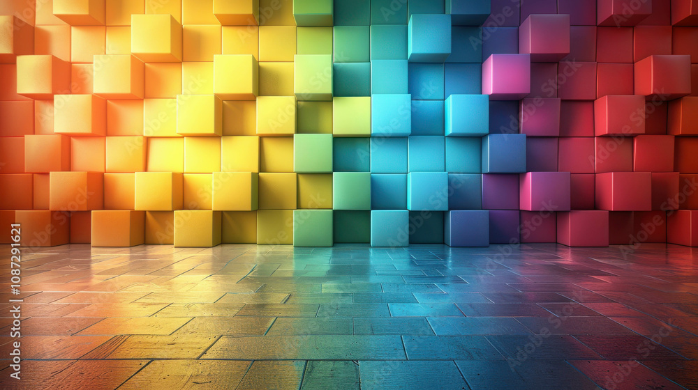 Poster a colorful wall made of blocks with a rainbow pattern. the blocks are of different colors and sizes,