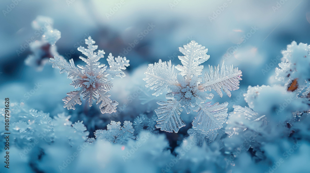 Poster a close up of snowflakes on a blue background. the snowflakes are small and scattered, creating a se