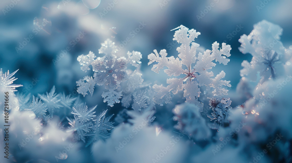 Poster a close up of snowflakes on a blue background. the snowflakes are small and scattered, creating a se