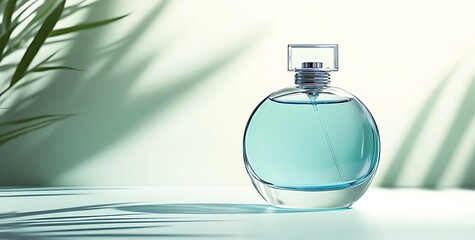  Elegant blue perfume bottle with liquid glass texture on a simple table, featuring a soft gradient of light green, sky-blue, light gray, and dark aquamarine hues, ideal for product design and luxury 
