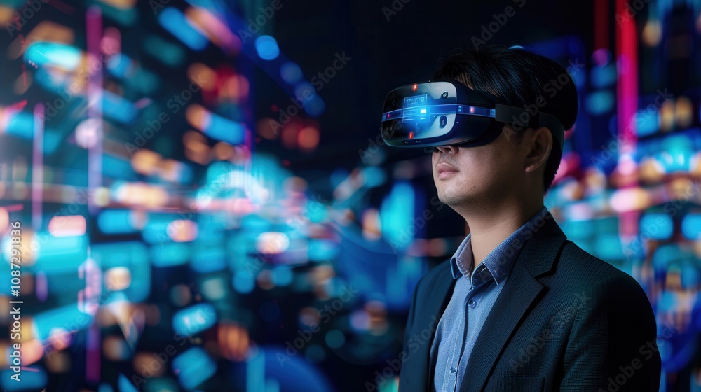 Poster a man in a suit using a virtual reality headset, surrounded by colorful and vibrant digital visuals,