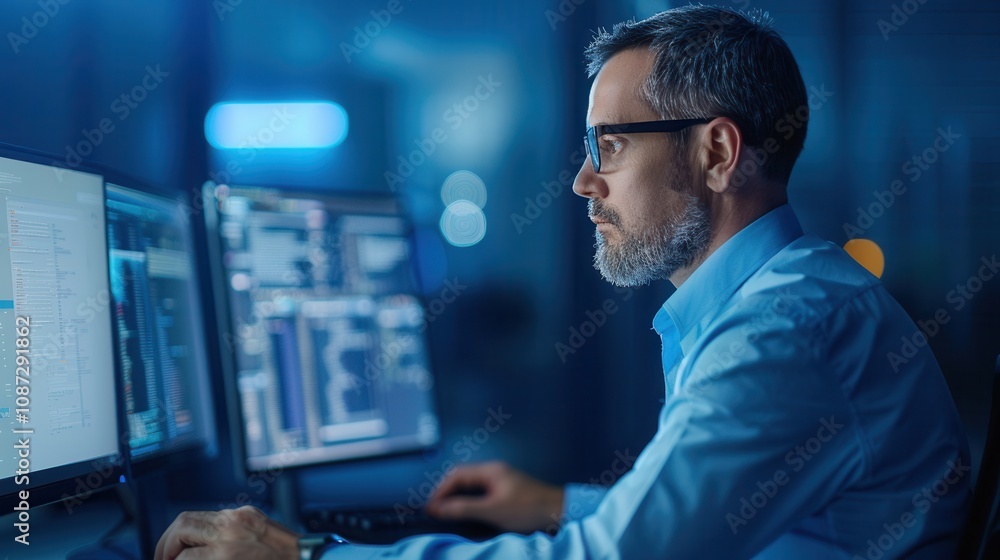 Poster a dedicated it professional in glasses and a blue shirt working on multiple screens with code and da