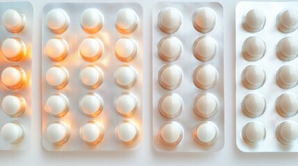Blister packs of tablets and capsules neatly arranged in a grid pattern, highlighting vibrant colors and reflective foil surfaces, creating a modern and organized pharmaceutical presentation.
