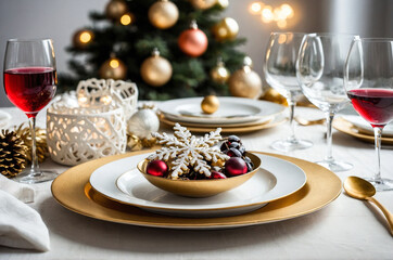 Christmas table setting with plates, cutlery and holiday  decorations.